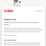 Collect 1 Free 180 Nutrition Good Sport Chocolate or Strawberry Milk 350ml @ Coles via Flybuys App (Activation Required)