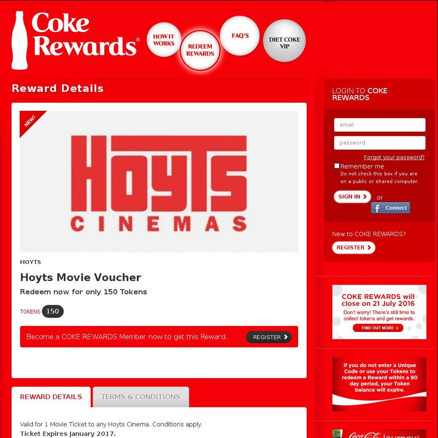 Hoyts Movie E-Voucher 150 Tokens @ Coke Rewards - OzBargain