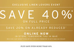 40% off Full Priced Items + 20% off Already Reduced Items (+ Free Delivery) @ Adairs [$20 Linen Lovers Membership Required]