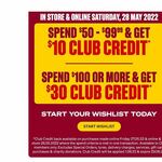 Spend $50- $99.99 Get $10 Club Credit, Spend More than $100 Get $30 Club Credit @ Supercheap Auto (Club Members)