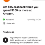 CBA Rewards Get $15 Cashback When Spend $100 or More on Amazon