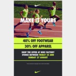 40% off Footwear @ Nike Outlet Store Canberra