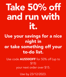 50% off Minimum $15 Delivery Order (Max $15 Saving, Service Fees Apply) @ DoorDash