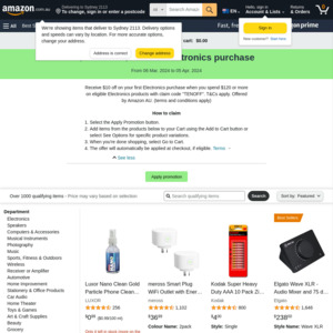 $10 off First Time Purchase in Electronics Category with Min $120 Spend on Eligible Products (Valid on All Accounts) @ Amazon AU