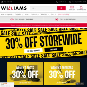 30% off Storewide + $10 Delivery ($0 with $65 Order for Members) @ Williams Shoes