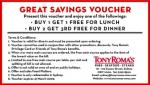 Buy 1 Get 1 Free Lunch or Buy 2 Get 1 Free Dinner at Tony Roma's (Sydney)