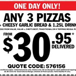 Domino's - Any 3 Pizzas + Cheesy Garlic Bread + 1.25lt Coke $30.95 Delivered Ends Tonight