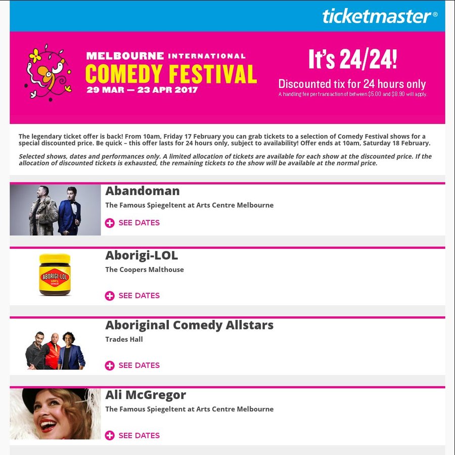 Melbourne Comedy Festival Tickets 24 (Plus Fees 5.00 to 8.90) for Melbourne Comedy Festival Tickets 24 (Plus Fees 5.00 to 8.90) for