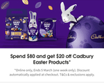 $20 off Minimum $80 Spend on Cadbury Easter Chocolates @ Coles Online