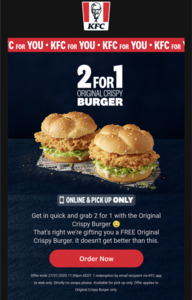 Two for One Original Crispy Burgers (Online Only, Pickup Only) @ KFC