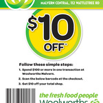 Woolworths $10 Off when you Spend $100 or more [Malvern, VIC]