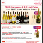 12 Selected Wines $139.99 Delivered, Bonus French Champagne & 2 Crystal Flutes, Earns 3000 Velocity Points @ Virgin Wines