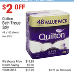 Quilton 3-Ply 180-Sheet Toilet Paper 48 Rolls Pack $16.99 (Save $2) @ Costco (Membership Required)