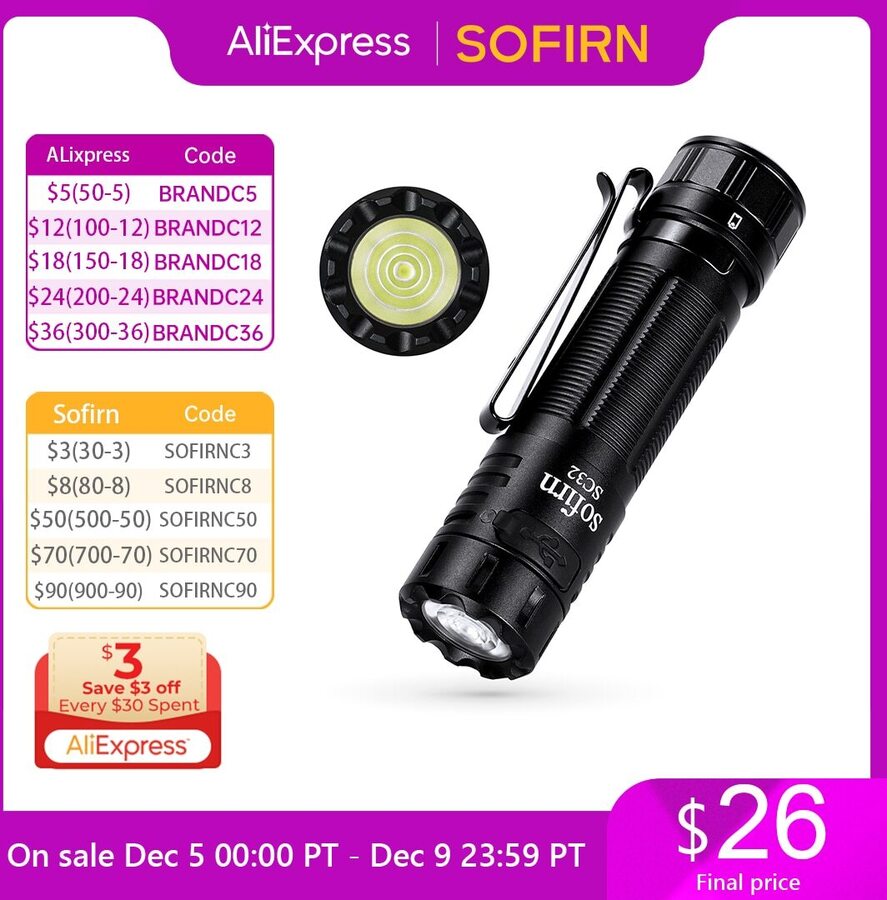 Sofirn SC32 LED Flashlight With 18650 Battery US$ (~A$) Delivered  @ Sofirn Official Store AliExpress - OzBargain