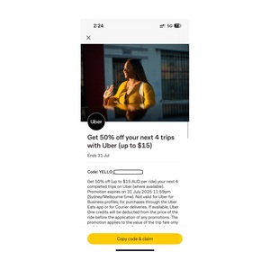 50% off Your Next 4 Trips with Uber (up to $15 off Per Ride) @ Combank Yello
