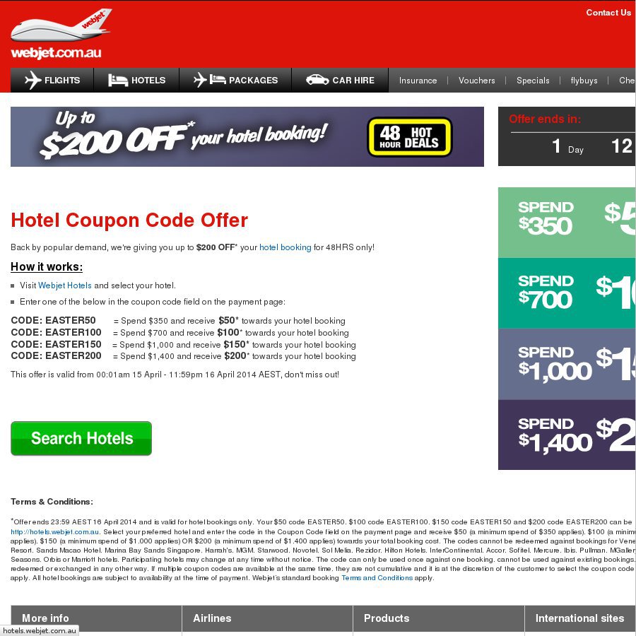 Webjet hotels Various Discount Codes. up to 200 off, Some Hotels