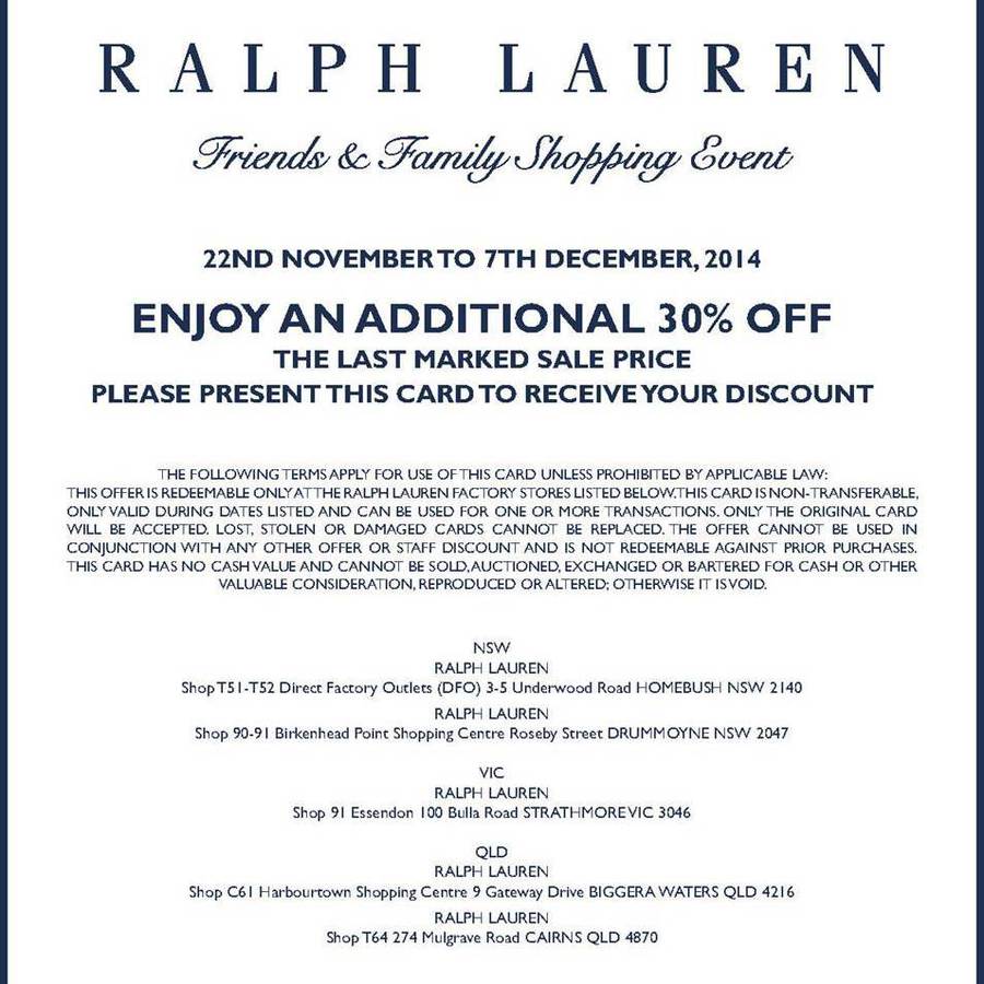 Friends and Family Ralph Lauren Factory Stores an Aditional 30