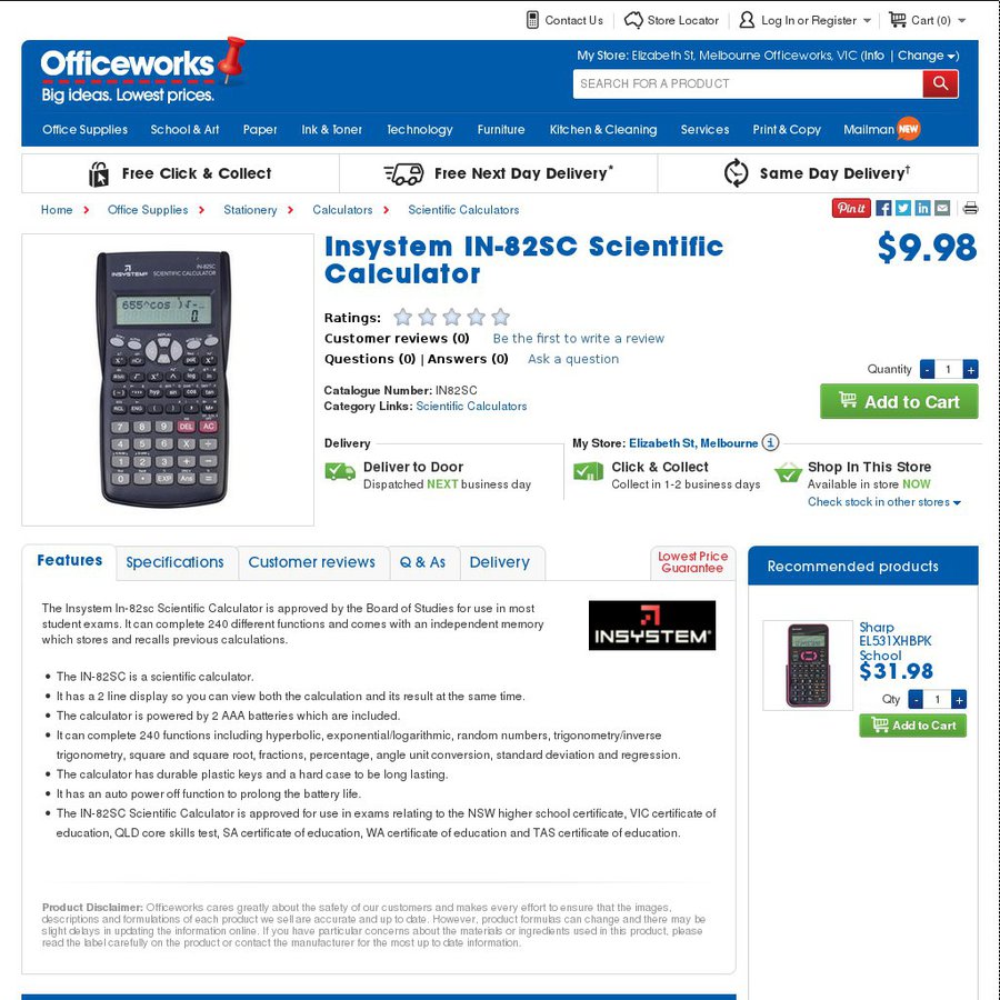 Insystem IN 82SC Scientific Calculator 9.98 Officeworks OzBargain