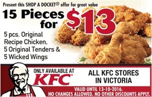 KFC 15 Pieces for $13 with Shop A Docket Voucher (VIC, Alice Springs ...