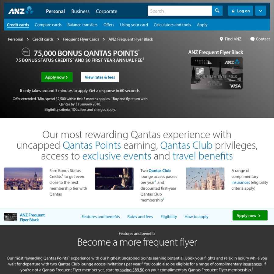 ANZ Frequent Flyer Black - 75,000 Qantas Points & 75 Status Credits $0 Annual Fee (First Year ...