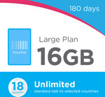 Lebara Large Plan 180 Days – 16GB Data/Month + Unlimited Oz Talk/Text, Unlimited 18 Countries - $119