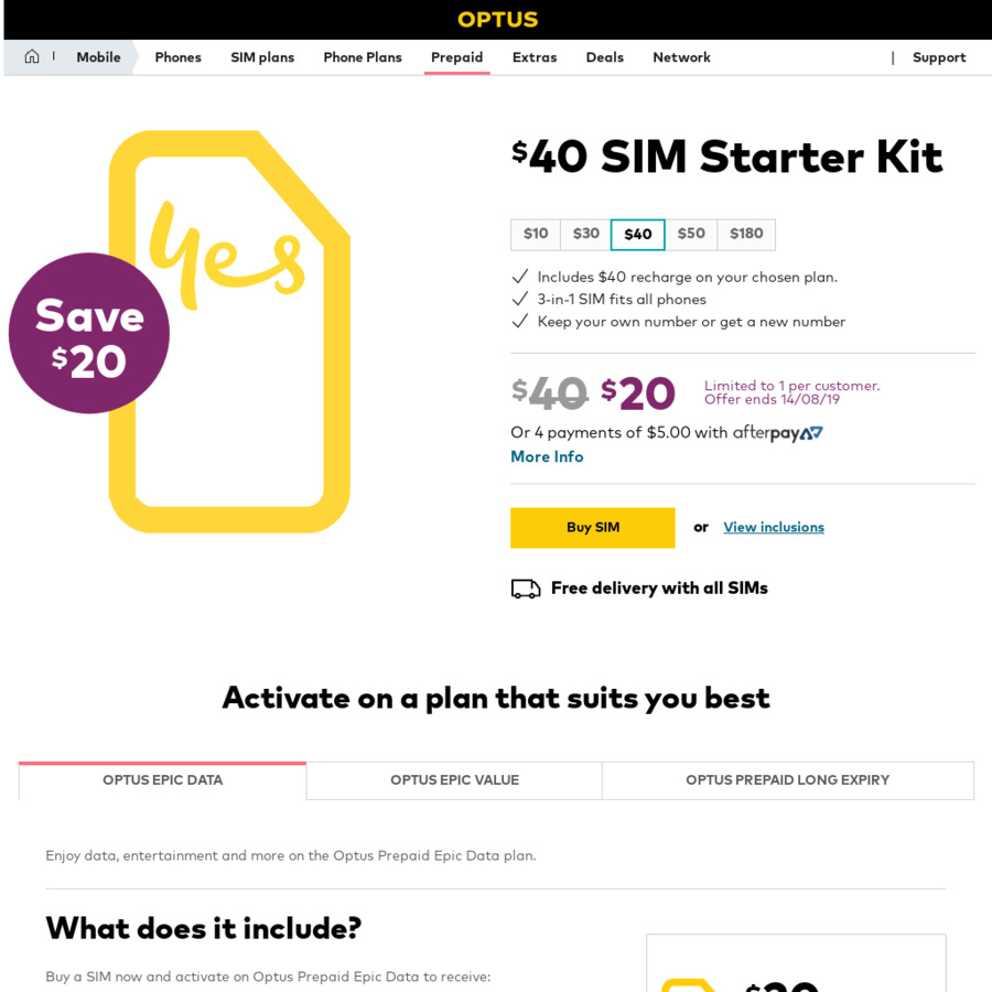 Optus $40 Pre-paid Starter SIM Kit for $20 + Free Delivery @ Optus