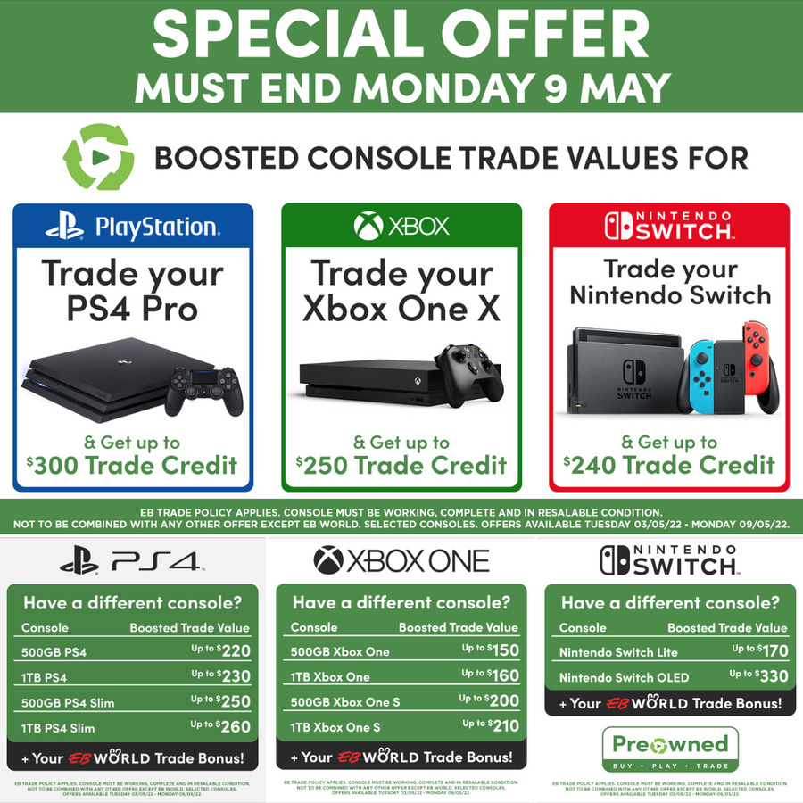 Ti år Fortryd Nævne Console Trades: Up to PS4 Pro $300, Xbox One X $250, Nintendo Switch $240 &  More (+ Your EB World Level Bonus) @ EB Games - OzBargain
