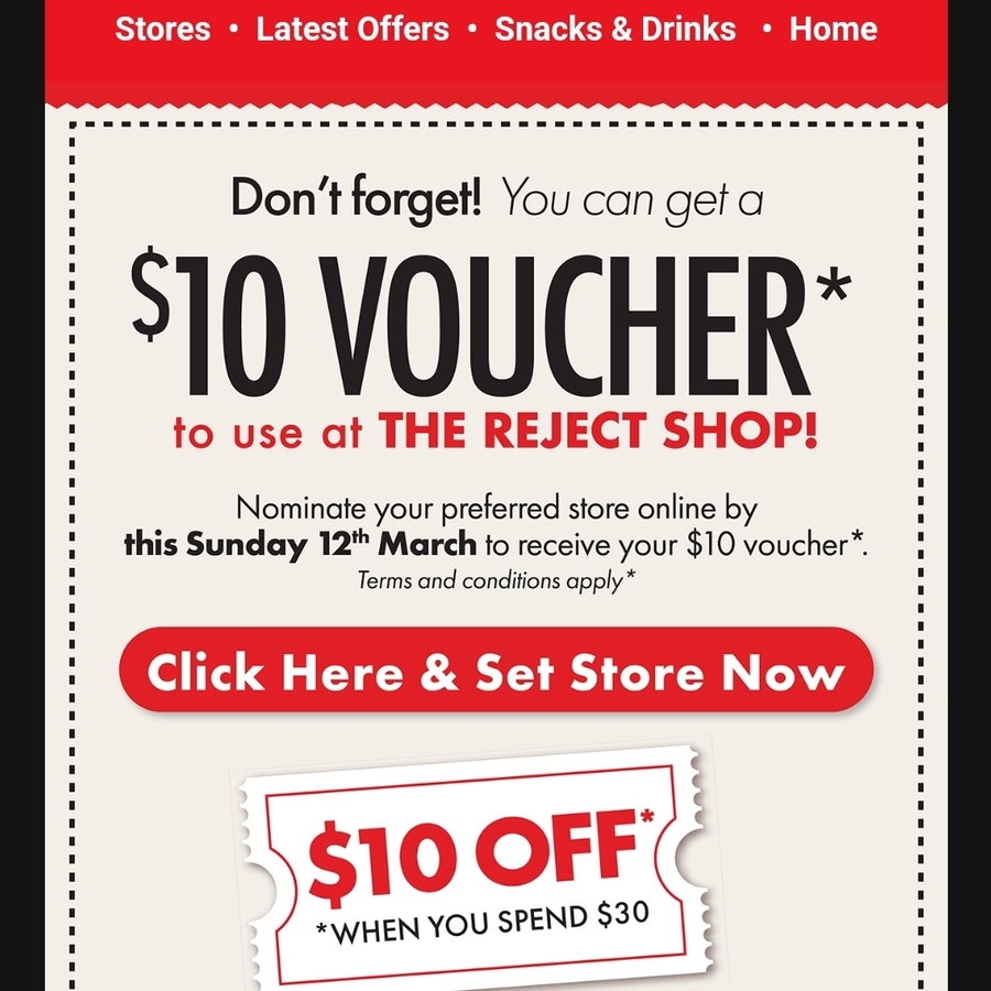 $10 Off Voucher With $30 Min Spend @ Reject Shop (activation Required 