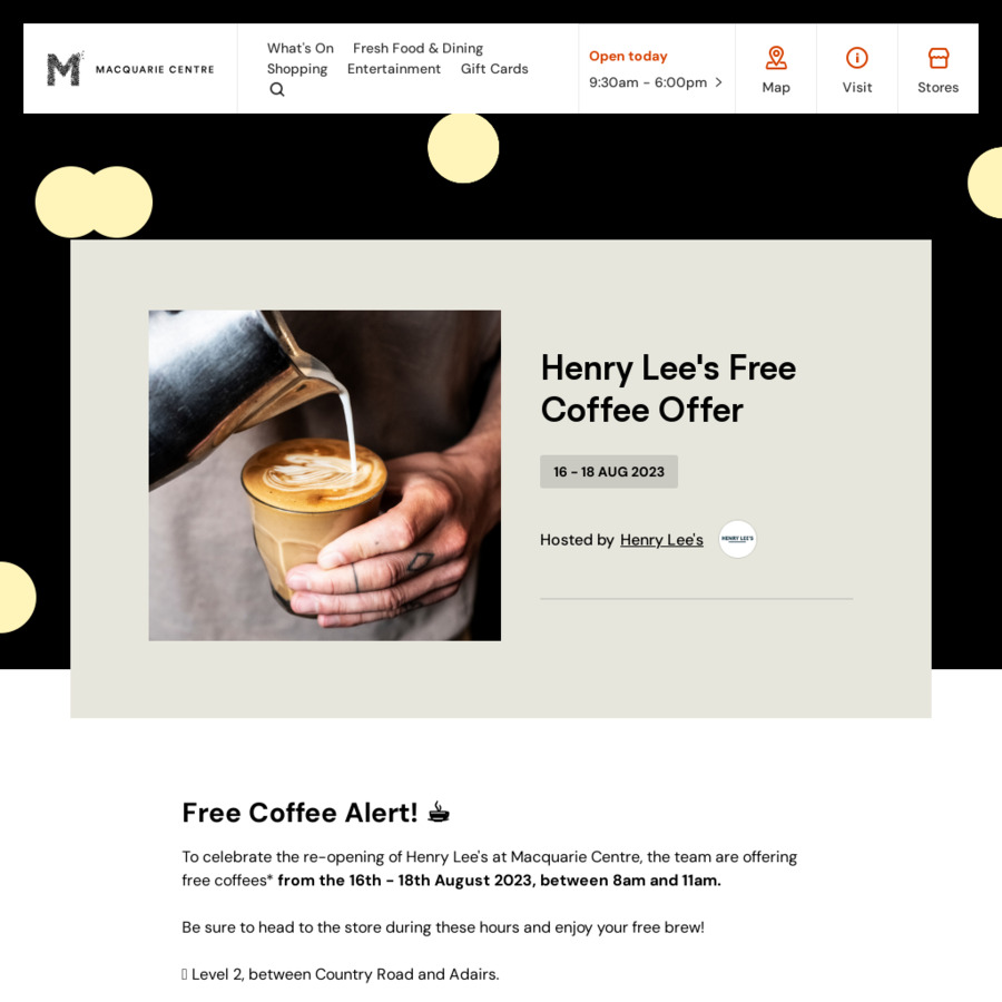 [NSW] Free Coffee, 16/8-18/8 from 8-11am @ Henry Lee's (Macquarie ...