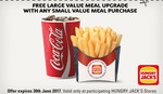 Hungry Jack’s - Free Large Value Meal Upgrade with Any Small Value Meal Purchase - Ends 30th June (Printable Voucher)