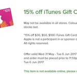 15% off $30/ $50/ $100 iTunes Cards @ Woolworths