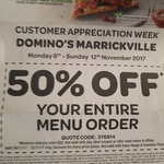 Domino's 50% off Customer Appreciation Week (Excludes Hawaiian and Value Range) @Marrickville NSW