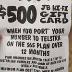 Telstra 12-Month Post Paid 60GB $65 Per Month & $500 JB Hi-Fi Gift Card for Port Only  @ JB Hi-Fi