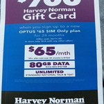 $700 Harvey Norman Gift Card When Sign up to a New Optus $65 SIM Only Plan for 2 Years (80GB + Unlimited Talk/Text)