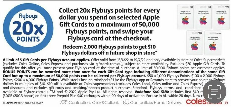 Earn 20x Flybuys Points with Apple Gift Card Purchase (Limit 50,000  Pts/Account) @ Coles : r/OzBargain