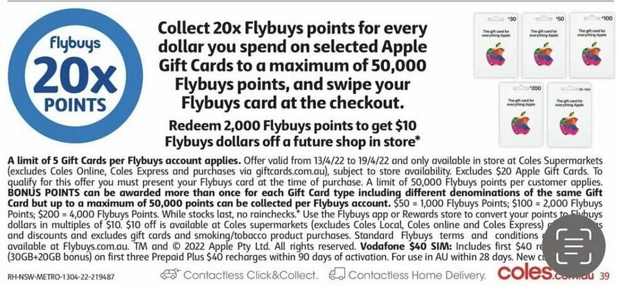 20x Flybuys Points On Apple Gift Cards Coles (2 Aug To Aug