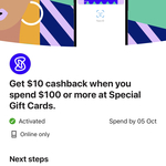 $10 Cash Back on $100 or More Spend at Special Gift Cards @ CommBank Rewards (Activation Required)