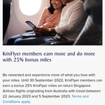 25% KrisFlyer Bonus Miles on Return Flights from Australia @ Singapore Airlines (Membership Required)