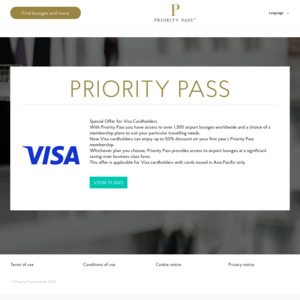 Visa Cardholders: 50% off Priority Pass (Access 1,300 Airport Lounges) First Year Membership Fee US$49 (~A$75) @ Priority Pass
