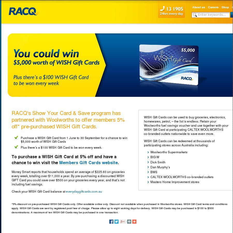 5% off Woolworths WISH Gift Cards Purchased Online for RACQ/RACV