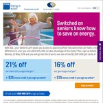 AGL Seniors Discounts NSW 21% Elec. 16% Gas. VIC 33% Elec 21% Gas. $25 Credit for Each Online Sign up. Seniors Card Required
