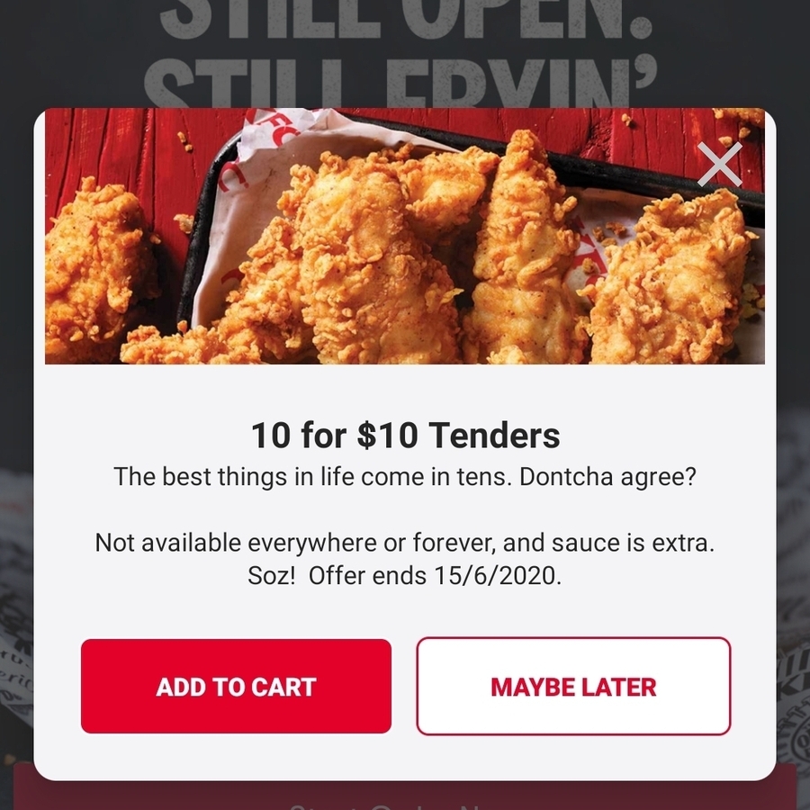 10 Tenders for 10.00 KFC App OzBargain