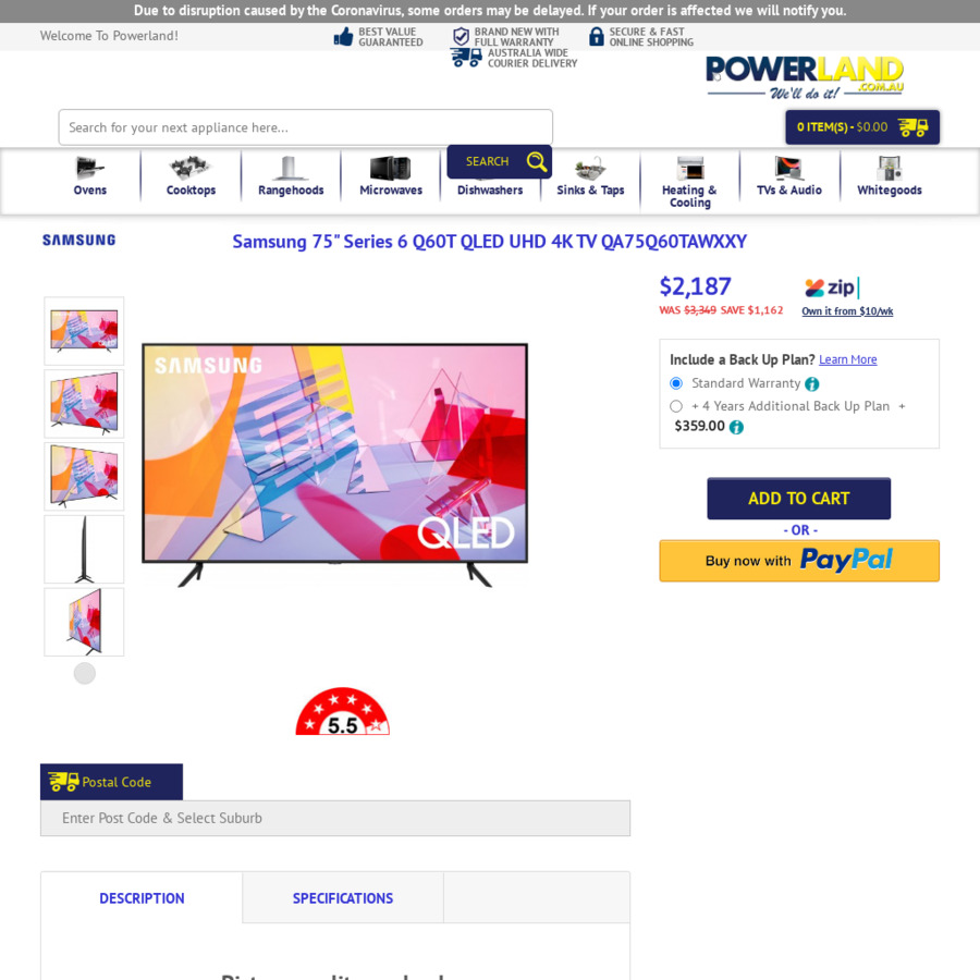 Samsung 75" Series 6 Q60T QLED UHD 4K TV QA75Q60TAWXXY 2187 Free