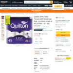 Quilton 3-Ply 180-Sheet Toilet Tissue, Pack of 45 $9 + Delivery ($0 with Prime/ $39 Spend) @ Amazon AU
