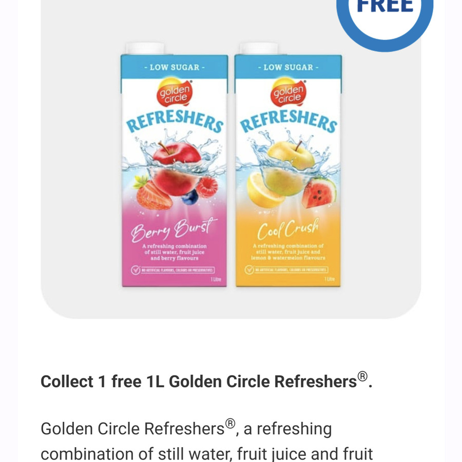 Collect 1 Free 1L Golden Circle Refreshers from Coles Flybuys