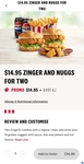 2x Zinger Combo (Zinger Burger, Reg Chips, Drink) + 10 Nuggets with 2 Sauces $14.95 @ KFC (Pick up Only, Online/App Required)