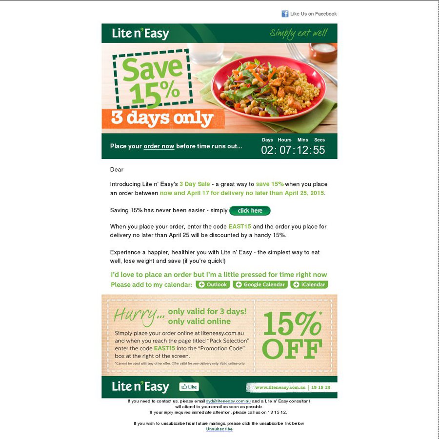 15 off lite n easy orders 3 days only online only offer ozbargain
