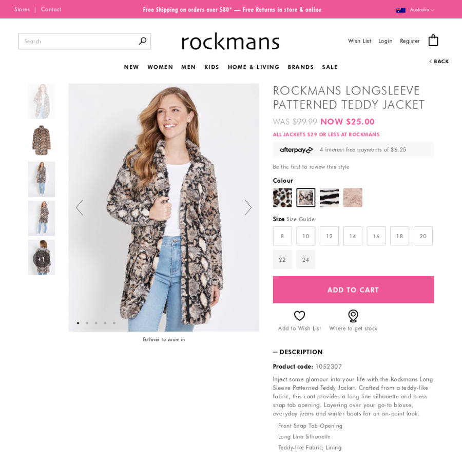 Womens Patterned Fluffy Teddy Jacket $25 (Was $99.99) @ Rockmans