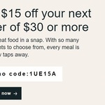 $15 off Your Next Order with $30 Minimum Spend @ Uber Eats