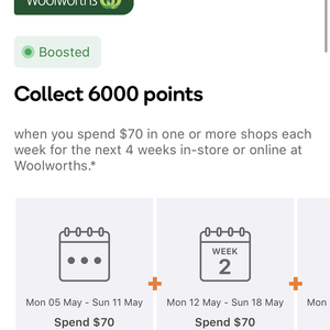 Spend $70 Per Week for 4 Weeks at Woolworths to Collect 6000pts [Activation Required] @ Everyday Rewards